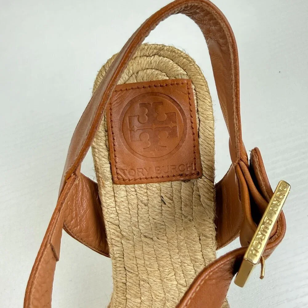 Tory Burch Espadrille Wedge Sandals White Canvas Toe Brown Leather Ankle Strap